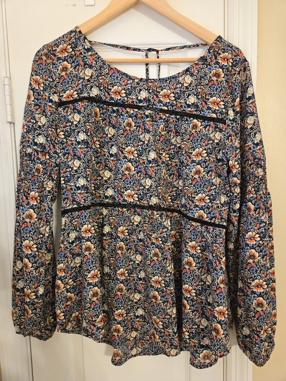 Knox Rose Floral Long-Sleeve Peasant Blouse Navy and Orange Floral Size Medium